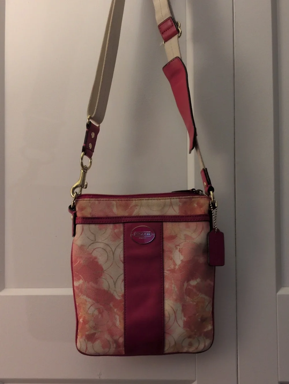 Coach Pink Floral Print Crossbody Bag with Cream Strap